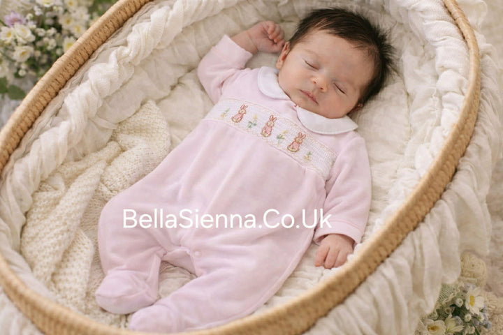 Pink Velour Smocked Babygrow With Embroidered Rabbits - 40JTC9386