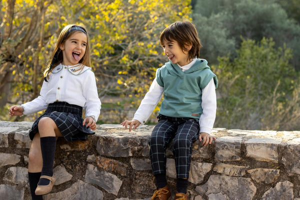 Calamaro Girls Skirt & Blouse Set - Charcoal Grey, Green & Ivory - 11230