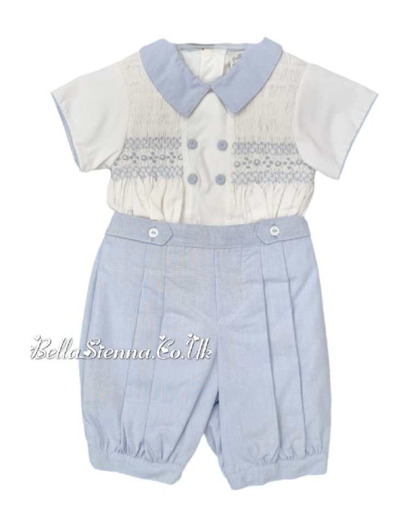 Pretty Originals White And Blue Two Piece Traditional Smocked Outfit MT02116