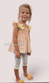 Pretty Originals Hand Smocked Multicoloured Check Leggings,Top & Hair Clip Set - MC01401