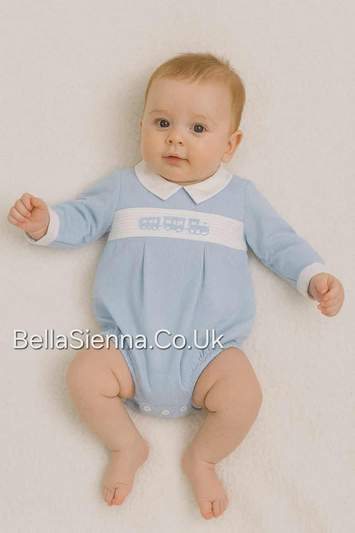 Deolinda "BRIAN" Blue Corduroy Smocked Train Romper - DBI25513
