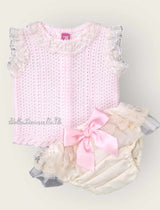 Nini Baby Girls Fine Pink And Cream Knit Summer Set With Lace