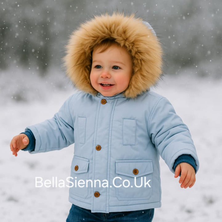 Mintini Boys Blue Winter Coat With Fur Trim Hood - MB5024