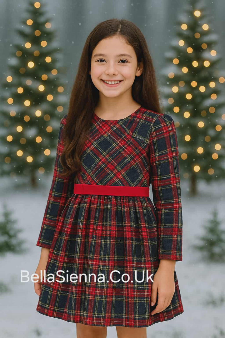 Mayoral Girls Long Sleeved Red & Navy Plaid Dress - 4911