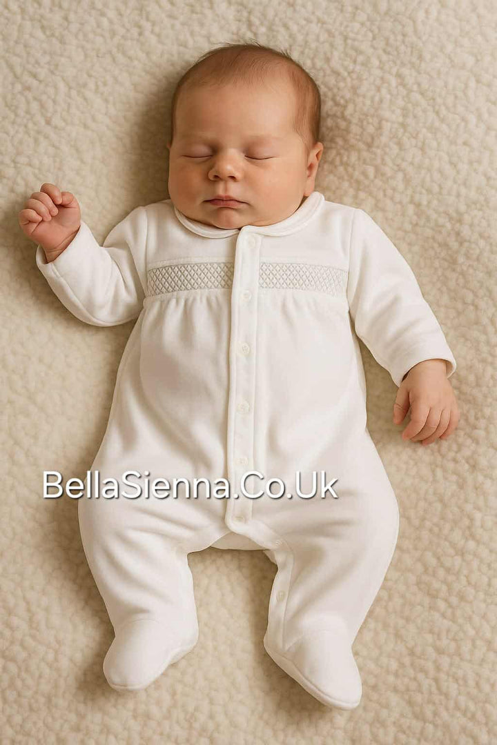 Unisex White Velour With Grey Smocking Detail Sleepsuit Babygrow - PP0303