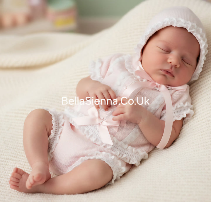 Nini  Baby Girls Pink Fine Knitted lace frill collar top and knickers set.