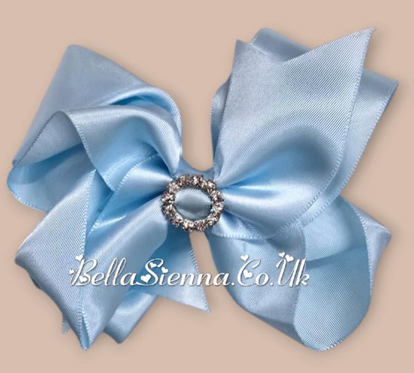 Bowtique London 4 Inch Baby Blue Satin Medium Size Hair Bow With Diamanté Centre