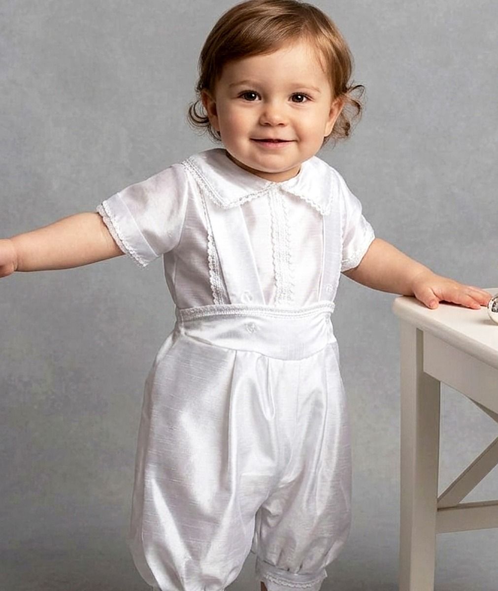 Boys White Three Piece Christening Outfit With Embroidered Cross Design - Romper, Over Bib & Matching Hat - 605