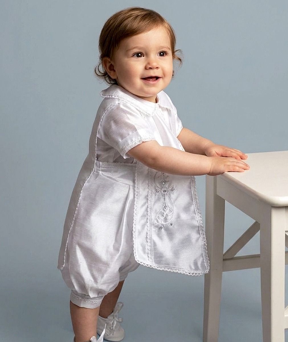 Boys White Three Piece Christening Outfit With Embroidered Cross Design - Romper, Over Bib & Matching Hat - 605