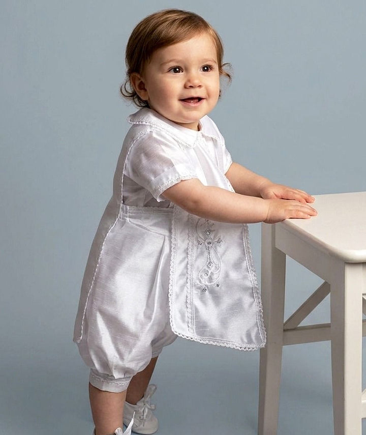 Boys White Three Piece Christening Outfit With Embroidered Cross Design - Romper, Over Bib & Matching Hat - 605