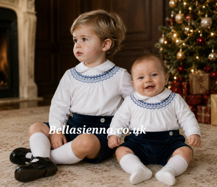 Boys Two Piece Hand Smocked Shirt & Velvet Shorts Set - Ivory & French Navy - 013431