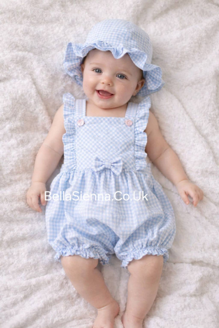 Dani By Sarah Louise Blue & White Gingham Romper & Sun Hat - D09306