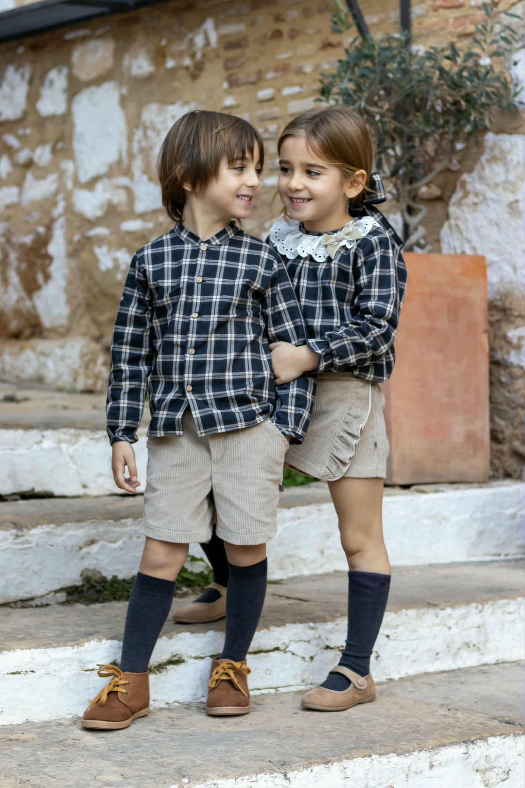 Calamaro Girls Beige Corduroy Skort & Blouse Set - 11237