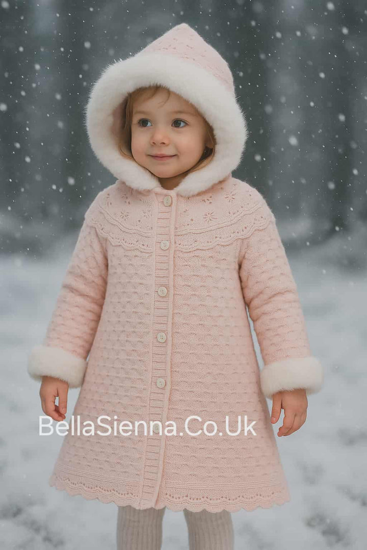 Sarah Louise Girls Pink Knitted Coat With Faux Fur Trim 008187