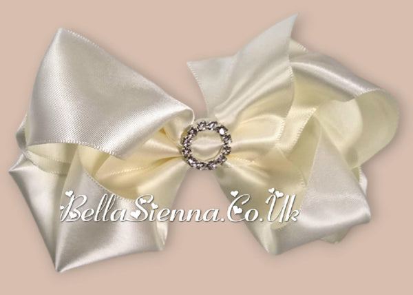 Bowtique London 4 Inch Ivory Satin Medium Size Hair Bow With Diamanté Centre