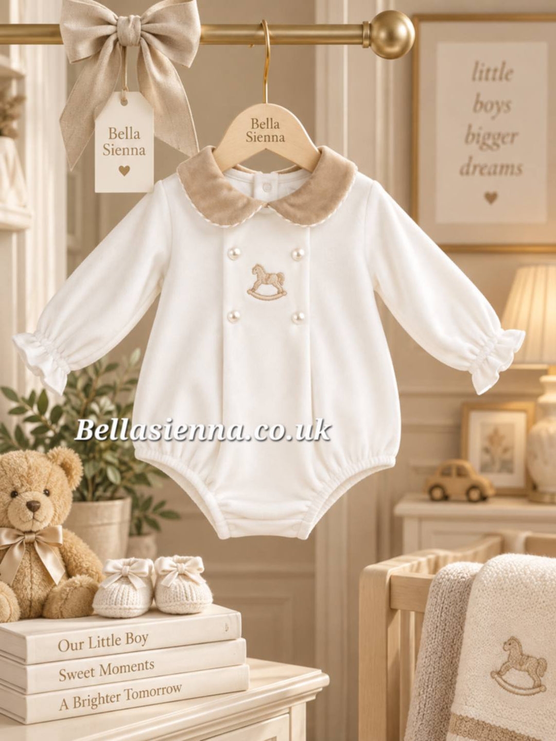 Ivory & Beige Rocking Horse Velour Romper - "George"