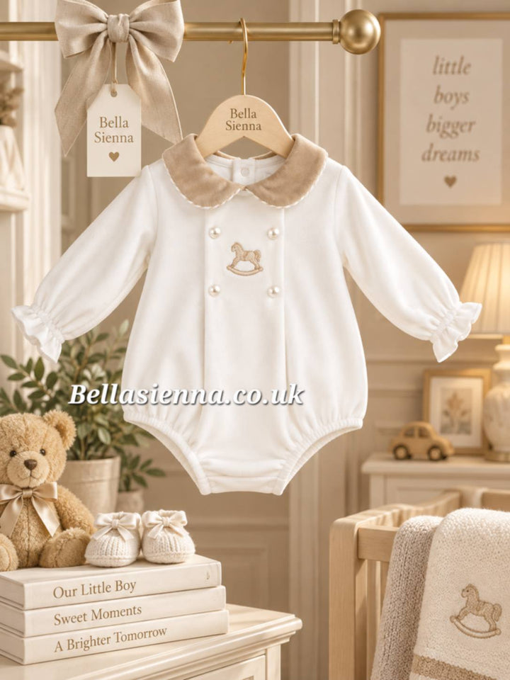 Ivory & Beige Rocking Horse Velour Romper - "George"