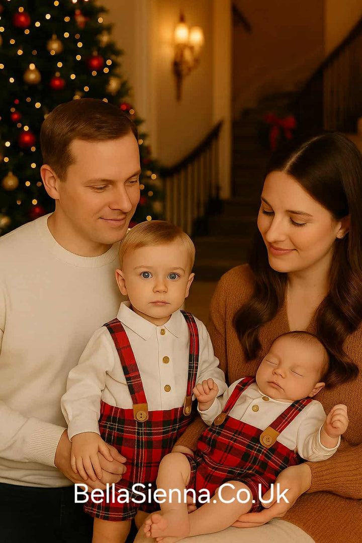 Calamaro Red Tartan Boys Outfit With Braces - 11092