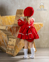 Abuela Tata Red & Cream Dress, Pants & Bonnet Set - 1299397