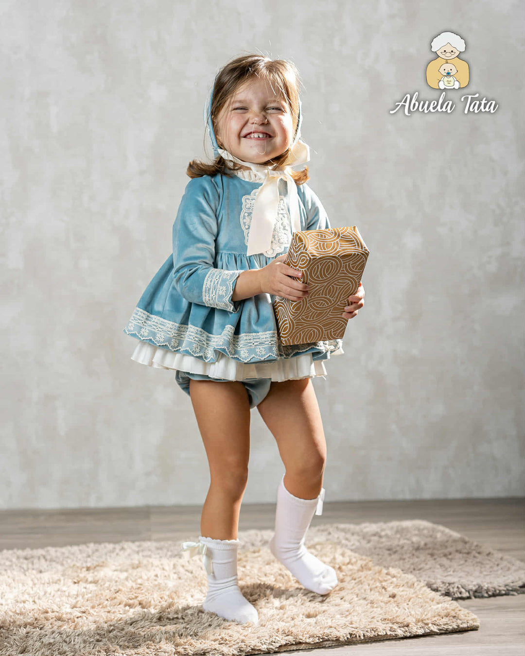 Abuela Tata Velvet & Lace Dress, Pants & Bonnet Set - 1299393