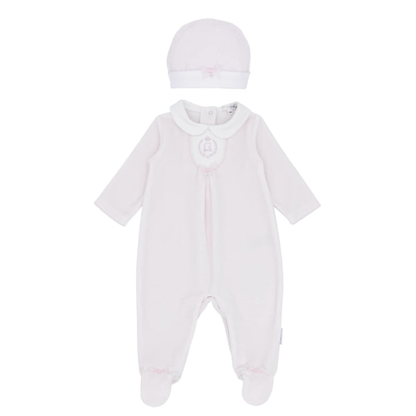 Blues Baby Girls Pink Velour All In One Babygrow Sleepsuit With Matching Hat - BB2072