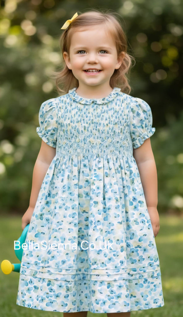 Sarah Louise Green Floral Hand Smocked Dress - 012698