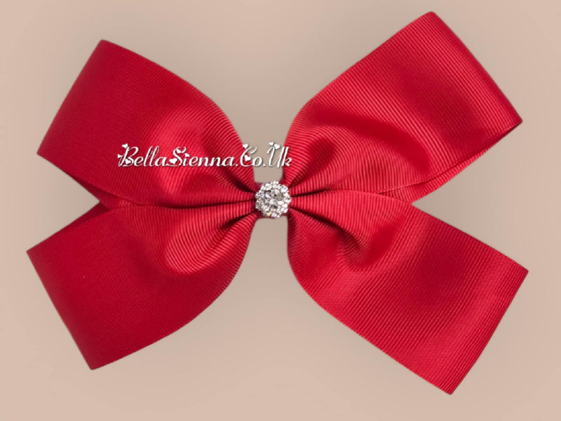 Bowtique London 6 Inch Red Grosgrain Large Hair Bow With Diamanté Centre