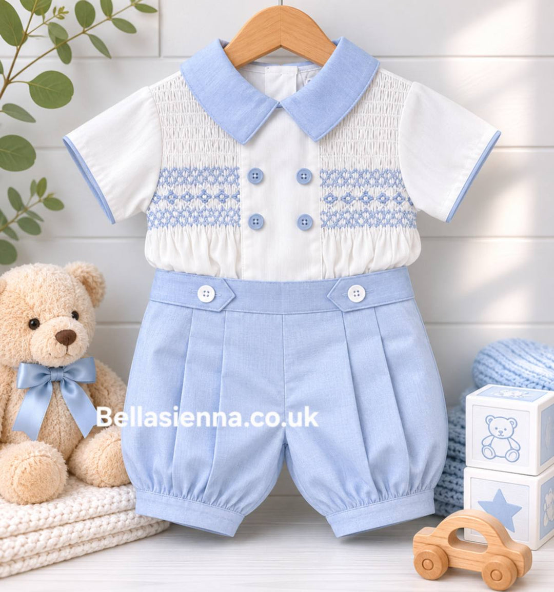 Pretty Originals White And Blue Two Piece Traditional Smocked Outfit MT02116
