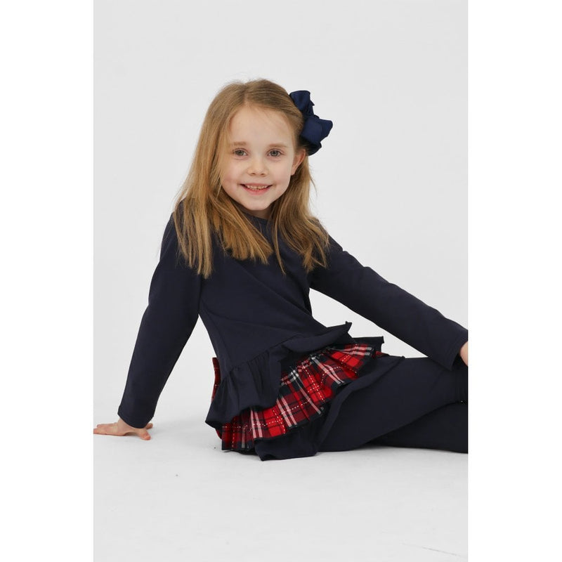 Harris Kids "Darcy" Girls Frilly Tartan Bow Tracksuit Set - Navy