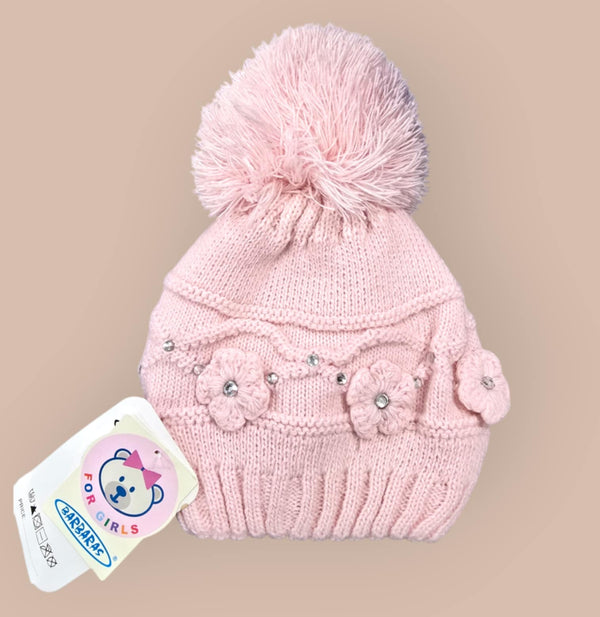 Barbaras Luxury Diamanté Detail Baby Girls Pom Pom Hat  Pink