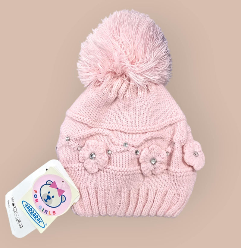 Barbaras Luxury Diamanté Detail Baby Girls Pom Pom Hat  Pink