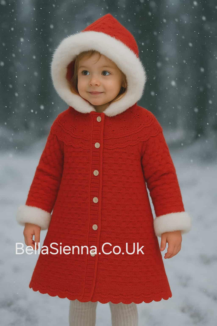 Sarah Louise Girls Red Knitted Coat With Faux Fur Trim 008187