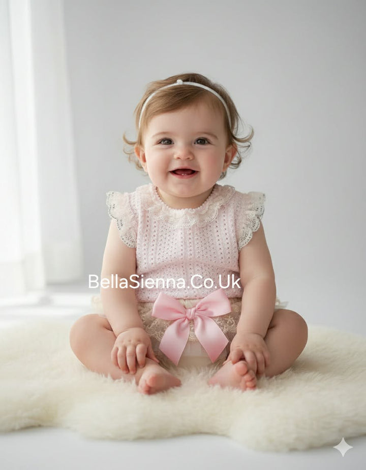 Nini Baby Girls Fine Pink And Cream Knit Summer Set With Lace