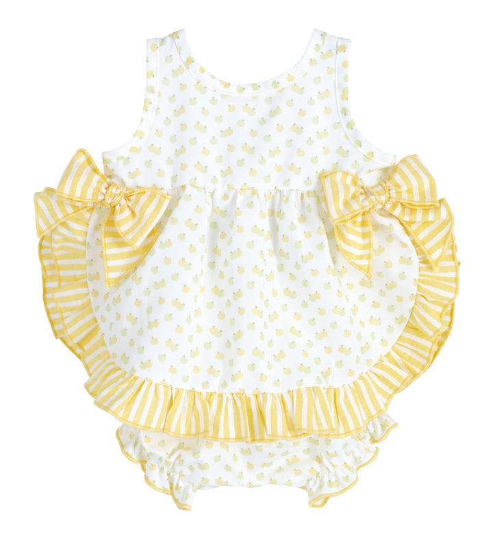Calamaro Baby Girls Apple Pinafore Dress & Matching Pants Set With Lemon Bows - 22076