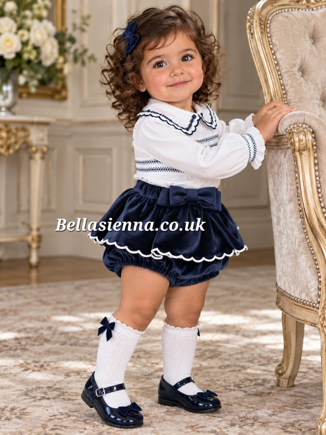 Deolinda Girls Navy Velvet Two Piece Bloomers Set With Smocking - DBI26633
