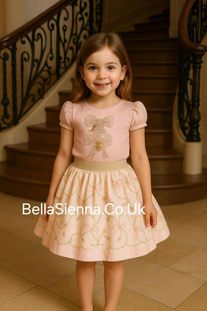Peachy Pink "Bow" Skirt & Top Set With Pearl & Sparkle Detail -3608