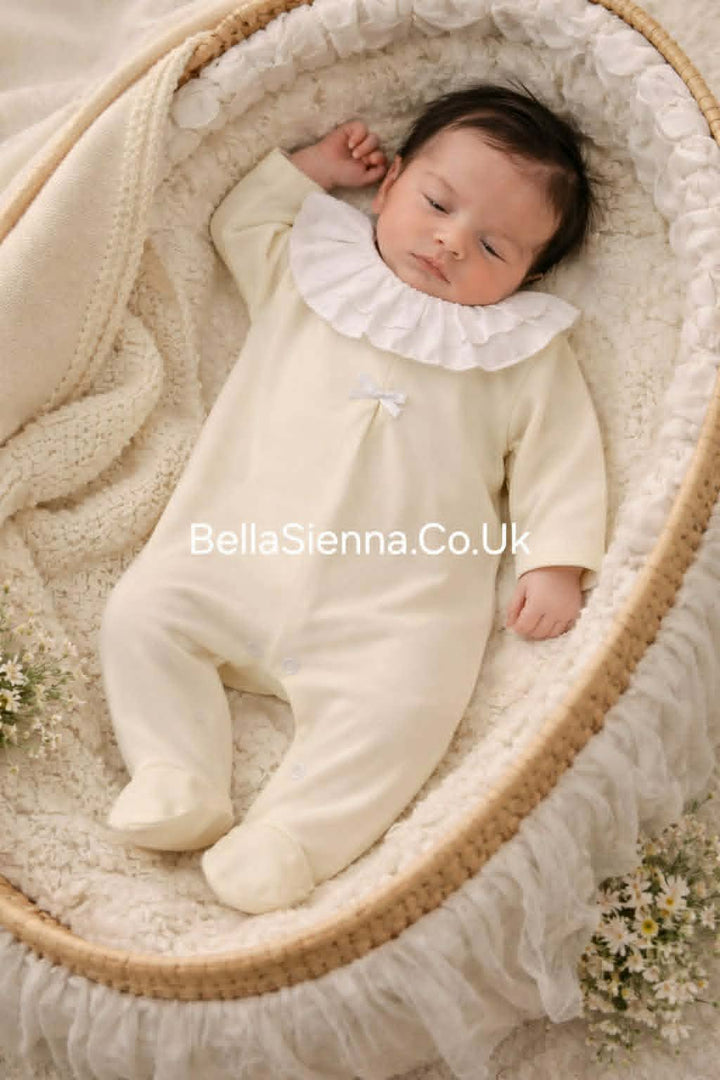 Lemon & White 100% Cotton Babygrow With Frilly Collar & Bow - SG183C - Sleepsuit