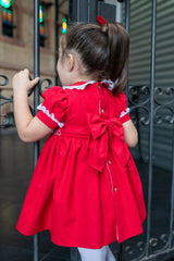 Naxos Red & White Hand Smocked Dress With Bow On The Back - 7624