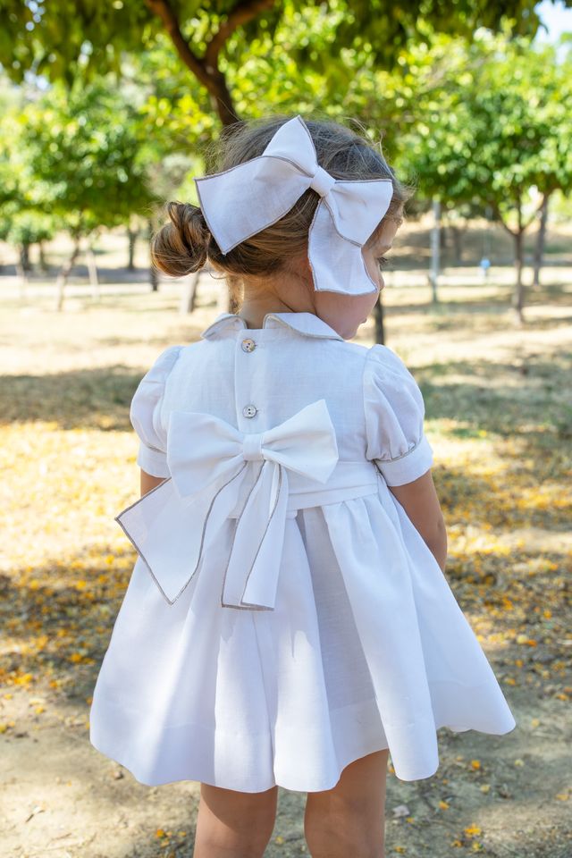 Naxos Girls Hand Smocked Ivory & Beige Dress - 7724