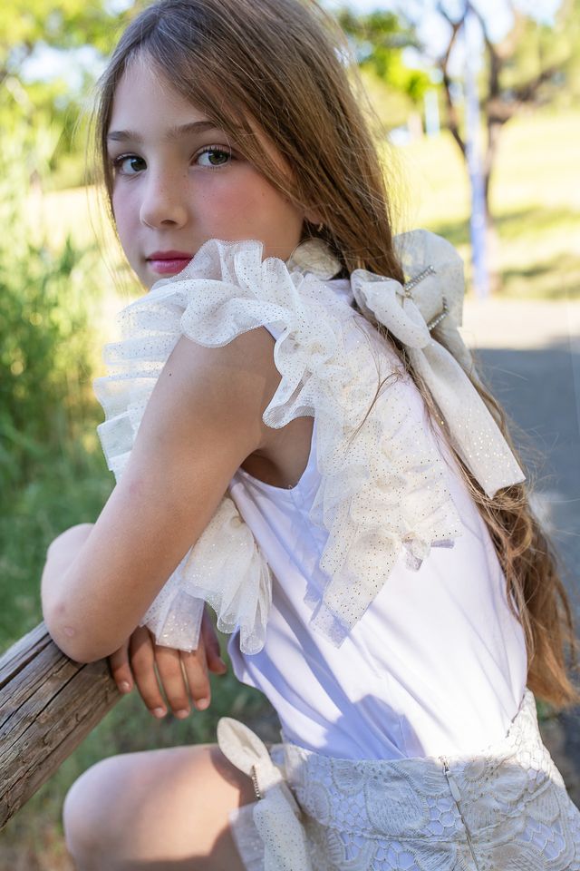 Naxos Girls Ivory & Gold Tulle & Glitter Detail Hair Bow To Match 7768 & 7760 & 7711