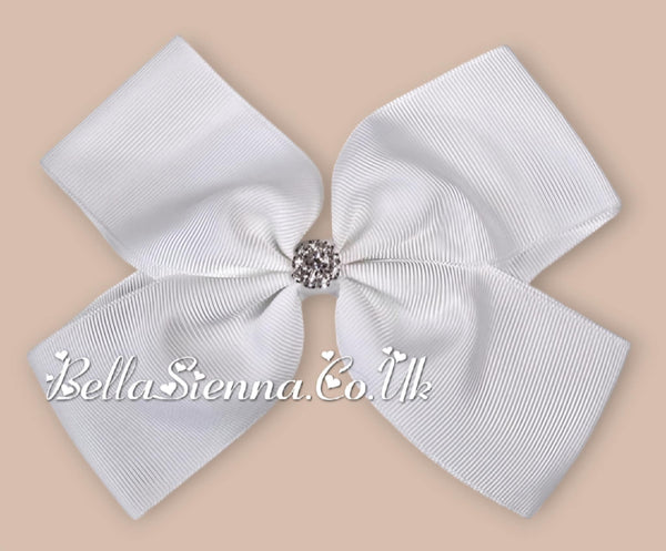 Bowtique London 6 Inch White Grosgrain Large Hair Bow With Diamanté Centre