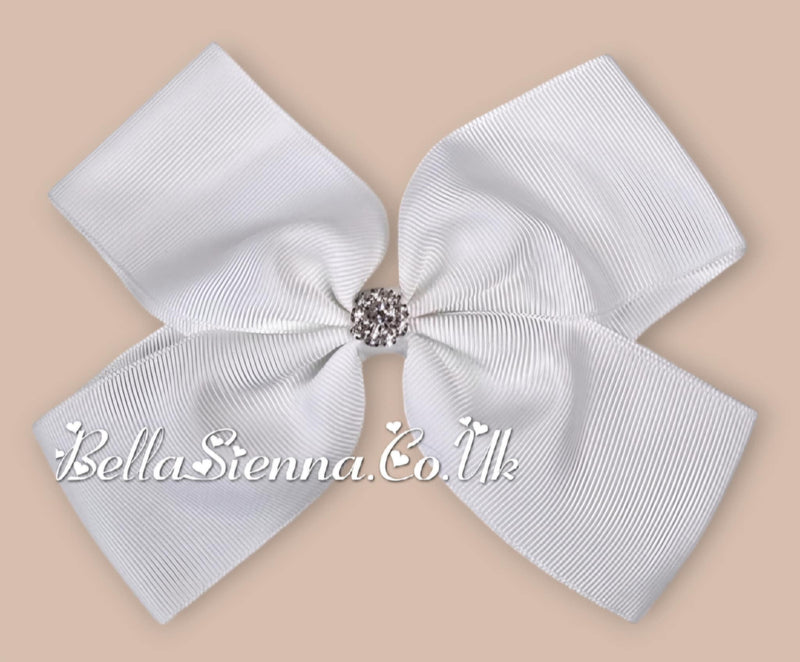 Bowtique London 6 Inch White Grosgrain Large Hair Bow With Diamanté Centre