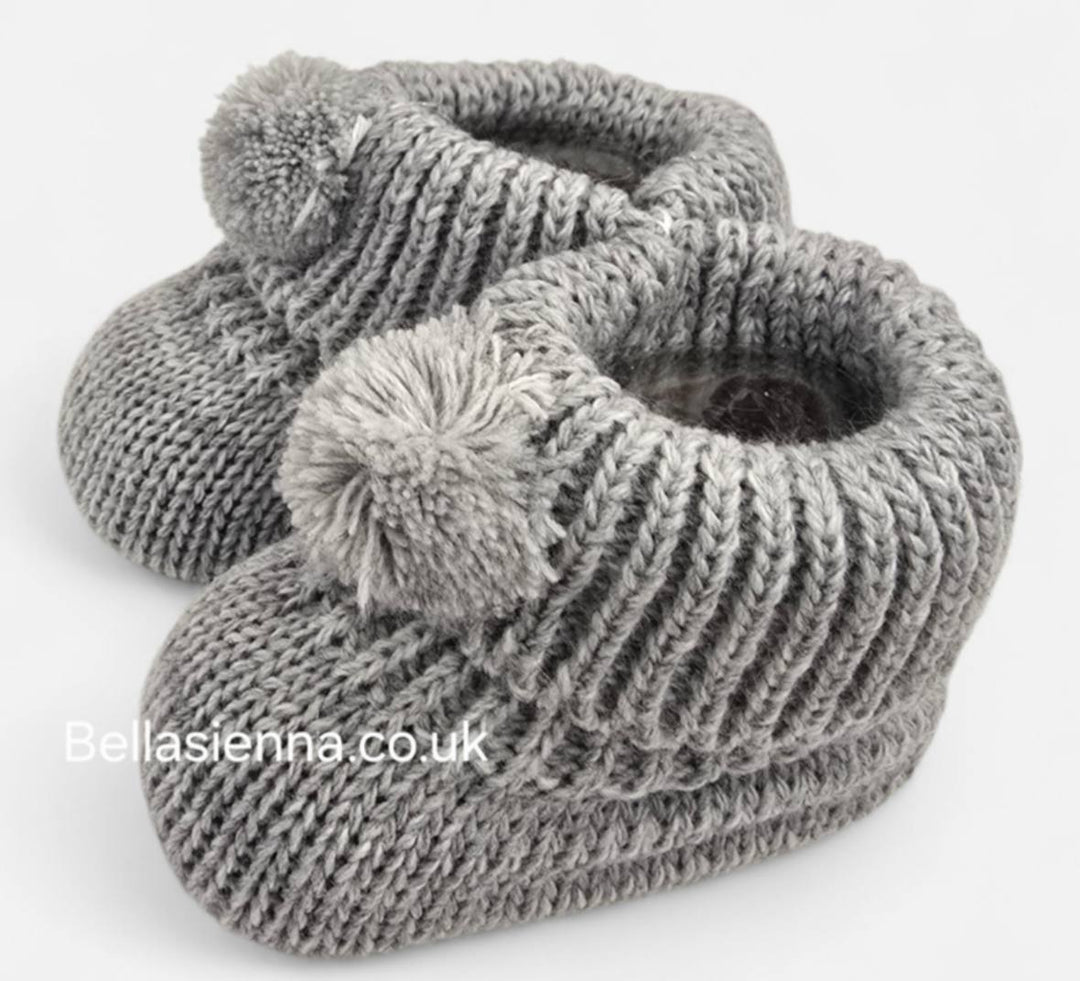 Bella Sienna Grey Knitted Unisex Baby Booties With Pom Pom - 74