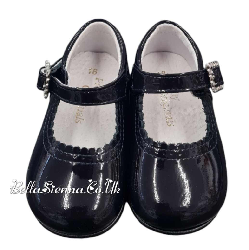 Pretty Originals Navy Patent Leather Mary Jane Shoes With Diamante Buckle - UE1709D
