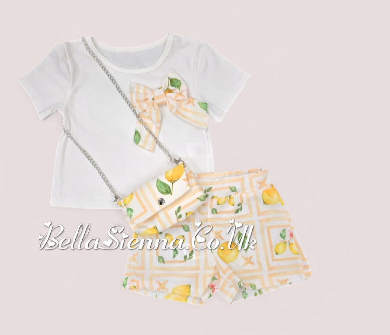 Lemon Print Girls Shorts, T-shirt & Matching Handbag Set