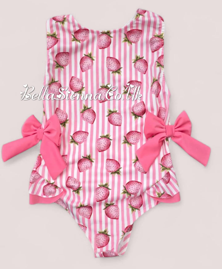 Baby Girls 3 Months Up To 12 Years Pink "Strawberry" Swimsuit With Bows - Swimming Costume
