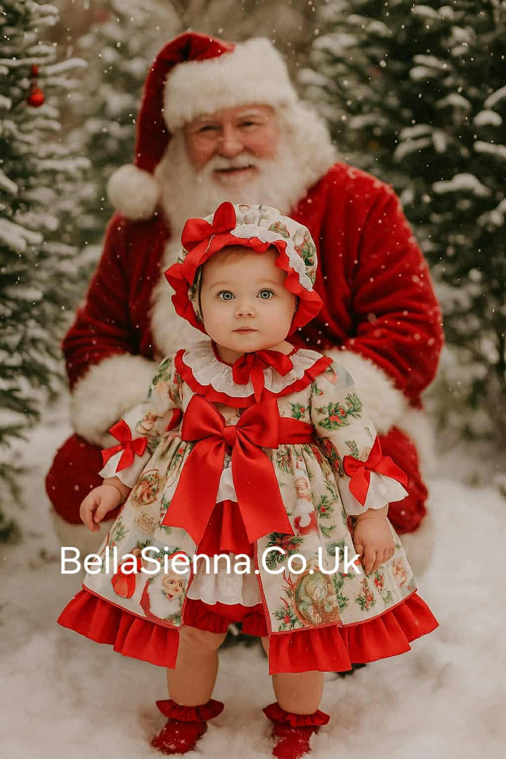 Ricittos Christmas Print Puffball Baby Dress, Pants & Bonnet Set