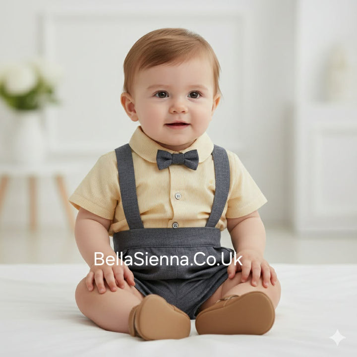 Yoedu Boys Lemon & Navy Dungaree Outfit With Dicky Bow - 0262