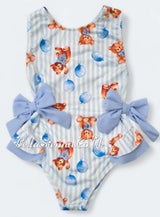 Baby Girls 3 Months Up To 12 Years Blue "Teddy Bear" Swimsuit With Bows - Swimming Costume