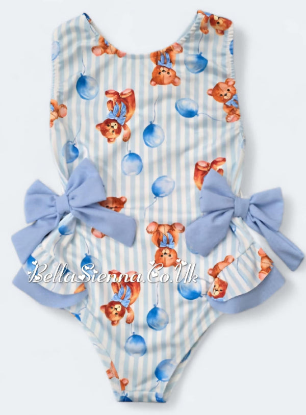Baby Girls 3 Months Up To 12 Years Blue "Teddy Bear" Swimsuit With Bows - Swimming Costume
